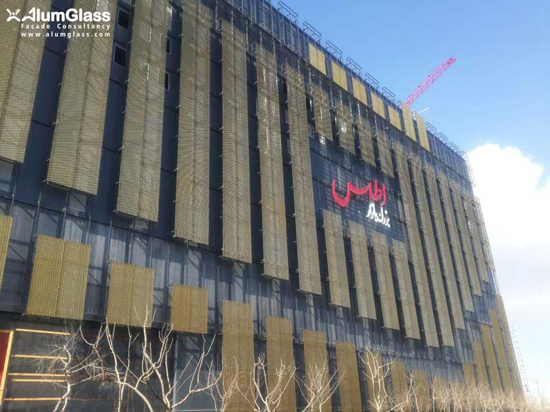 نمای شیشه‌ای کرتین‌وال، ترموپانل و اکسپنددمش بزرگ بازار اطلس- آلومینیوم شیشه تهران